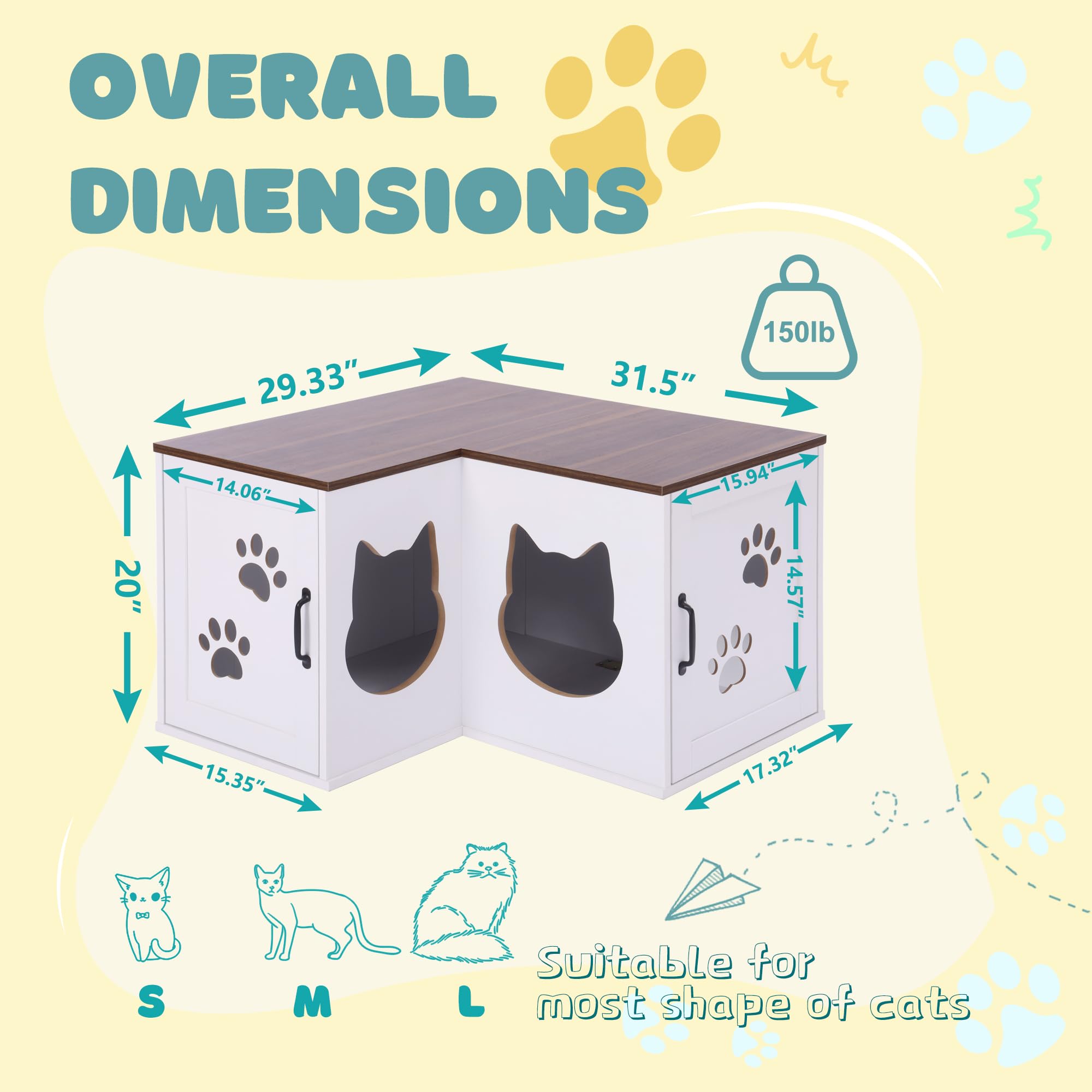 Charmeleon Cat Litter Box Enclosure, Corner Litter Box Furniture Hidden, Large Wooden Cat Washroom With Condo, Double Kitty Litt